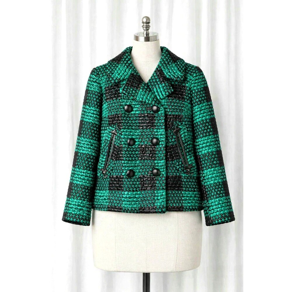 Milly of New York Emerald Green Black Plaid Woven Boucle Double Breasted Jacket